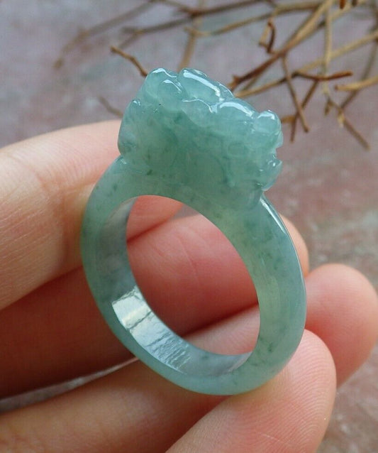 Certified Icy Green 100% Natural A JADE Jadeite Dragon Pi Xiu RING USA. 9.25 风水貔貅戒指 530040  TN