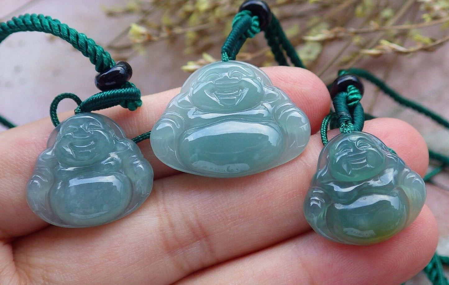 3 Pcs Certified Icy Green Burma 100% Natural A Jade jadeite Pendant  Buddha God Necklace  开心佛 575264 TN