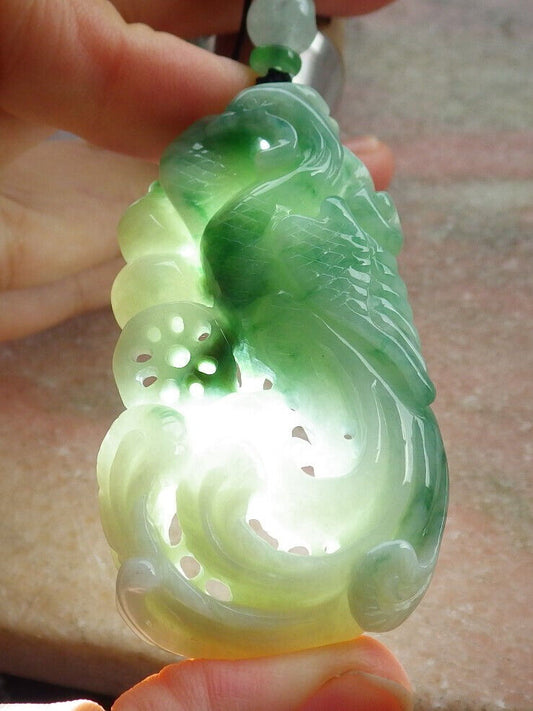 Certified Green Burma 100% Natural A Jade jadeite Pendant Phoenix Ruyi Coin Necklace 凤凰 635433  AS