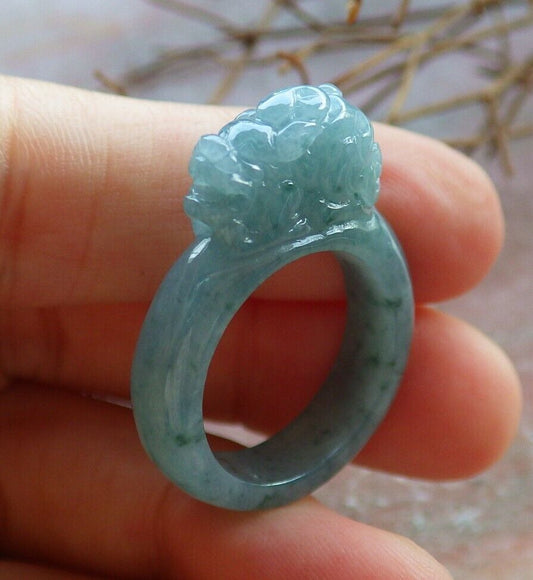 Certified Icy Green 100% Natural A JADE Jadeite Dragon Pi Xiu RING USA. 6.5 风水貔貅戒指 530062  TN