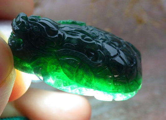 Certified Icy Green Burma 100% Natural A Jade jadeite Pendant Dragon Turtle Money Coin Necklace 龙龟 636567  TN