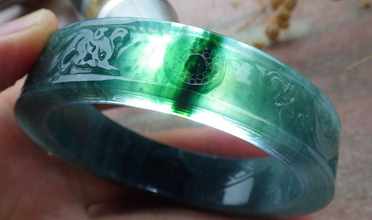 Certified Icy Green Burma 100% Natural A JADE Jadeite Dragon Phoenix Bangle Bracelet 58 mm 手镯 636336  TN