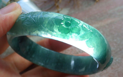 Certified Icy Blue Water Green Burma 100% Natural A JADE Jadeite Phoenix Flower Bangle Bracelet 55 mm 手镯 635126  AS