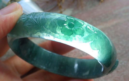 Certified Icy Blue Water Green Burma 100% Natural A JADE Jadeite Phoenix Flower Bangle Bracelet 55 mm 手镯 635126  AS
