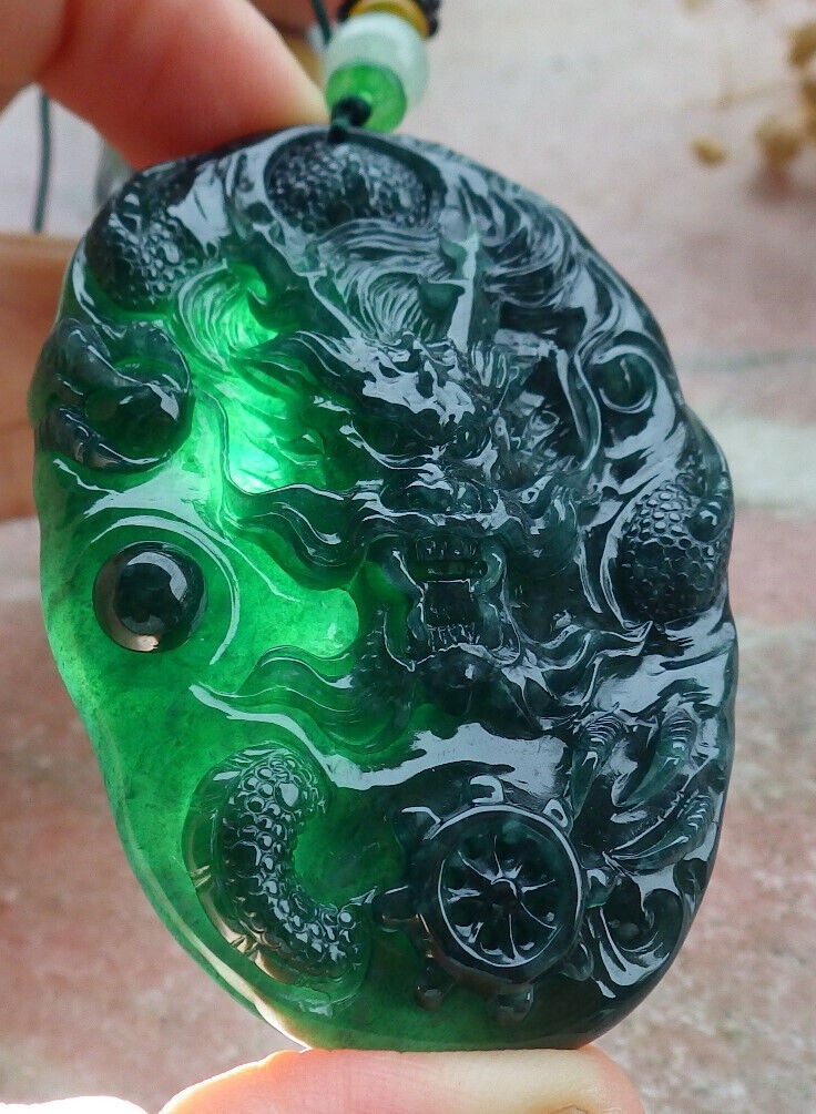 Certified Icy Blue Water Green Burma 100% Natural A Jade jadeite Pendant Dragon Bead Necklace 生意兴隆 636309  TN