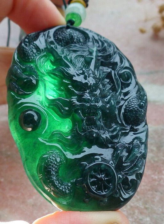 Certified Icy Blue Water Green Burma 100% Natural A Jade jadeite Pendant Dragon Bead Necklace 生意兴隆 636309  TN