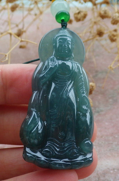 Certified Icy Green Burma 100% Natural A Jade jadeite pendant Sakyamuni Buddha God Lotus Flower Necklace 释迦牟尼 636868  TN