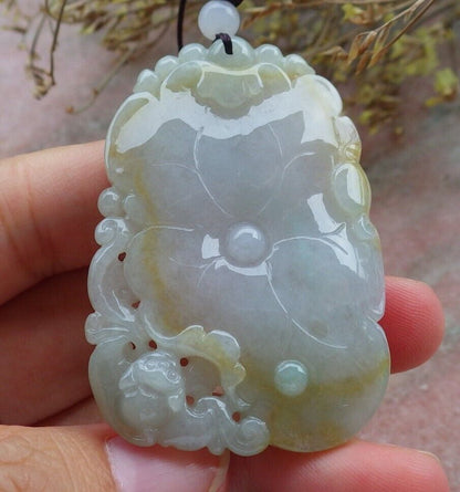 Certified Green Yellow Burma 100% Natural A Jade jadeite Pendant Bat Lotus Leaf Necklace 蝙蝠 575048 TN
