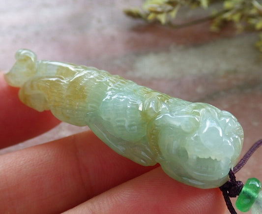 Certified Yellow Green Burma 100% Natural A Jade jadeite Pendant Tiger Money Coin Necklace 虎虎生威 573799 TN