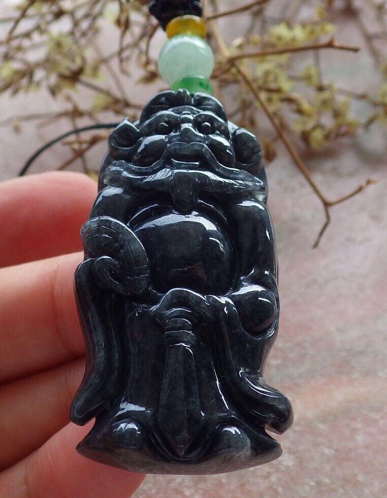 Certified Black Burma 100% Natural A Jade jadeite pendant Zhong Kui God Sword Fan Necklace 钟馗 633430  TN