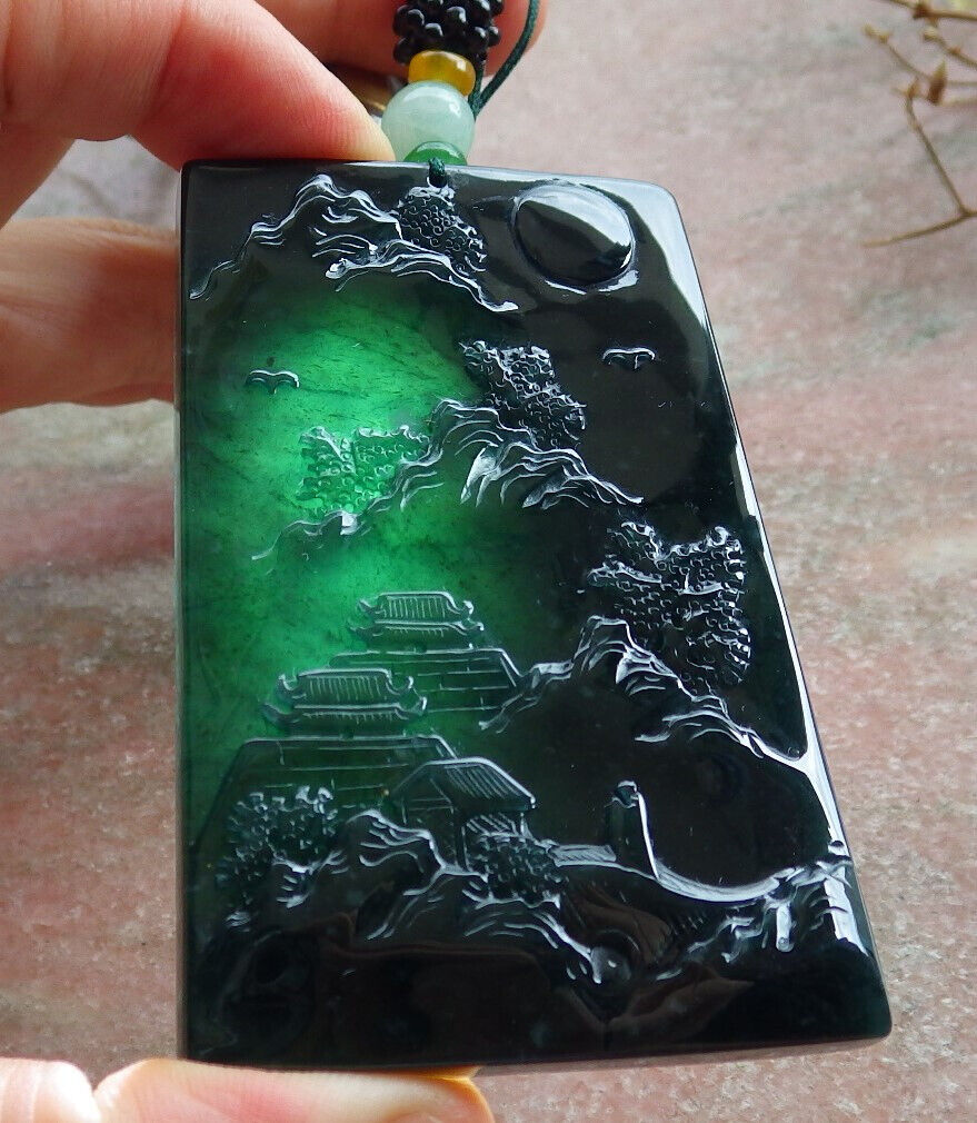 Atestita Glacia Blua Akvo Birmo 100% Natura A Jadejadeito Pendanta Pejzaĝa Pentrado Arba Koliero 山水画 634473 TN