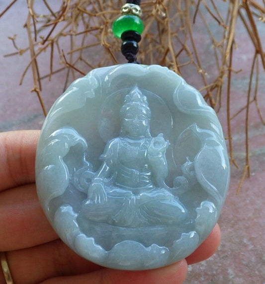 Certified Green Pale Lavender 100% Natural A Jade jadeite pendant Guanyin Kwan Yin Lotus Flower Necklace 观音 523691  TN