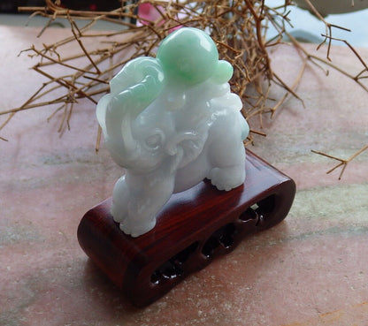 Certified Green Pale Lavender 100% Natural A Jade jadeite Display Elephant Monkey Peach 封侯拜相 528499  TN** Include woodstand **