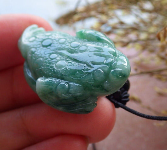 Certified Green Burma 100% Natural A Jade jadeite Pendant Frog Toad Money Coin Necklace 招财蟾 574770 TN