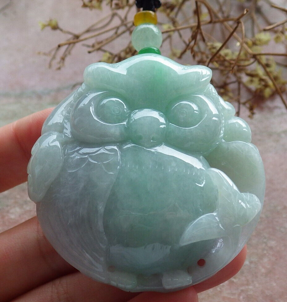 Certified Green Burma 100% Natural A Jade jadeite Pendant Owl Ruyi Necklace 猫头鹰 633397  TN