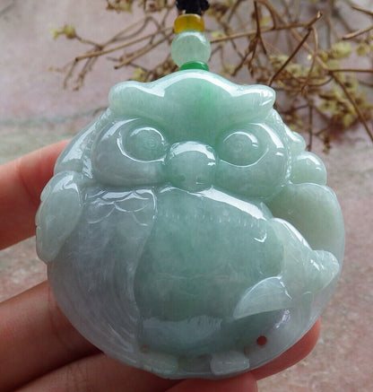 Certified Green Burma 100% Natural A Jade jadeite Pendant Owl Ruyi Necklace 猫头鹰 633397  TN