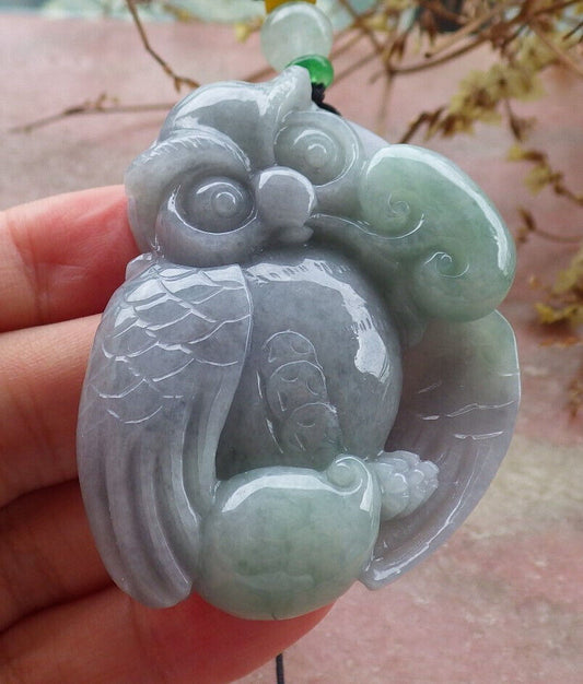 Certified Green Pale Lavender Burma 100% Natural A Jade jadeite Pendant Owl Money Coin Ruyi Necklace 猫头鹰 632568  TN