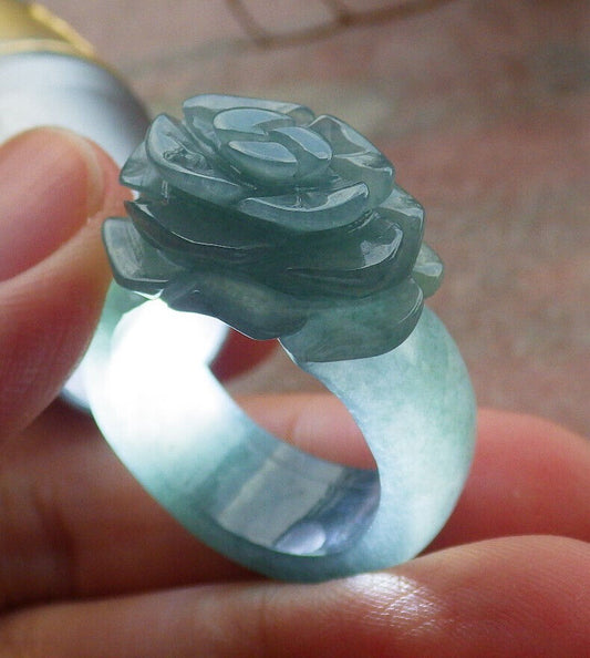 Certified Icy Green Burma 100% Natural A JADE Jadeite Rose Flower RING USA. 8.5 花戒指 633926  TN