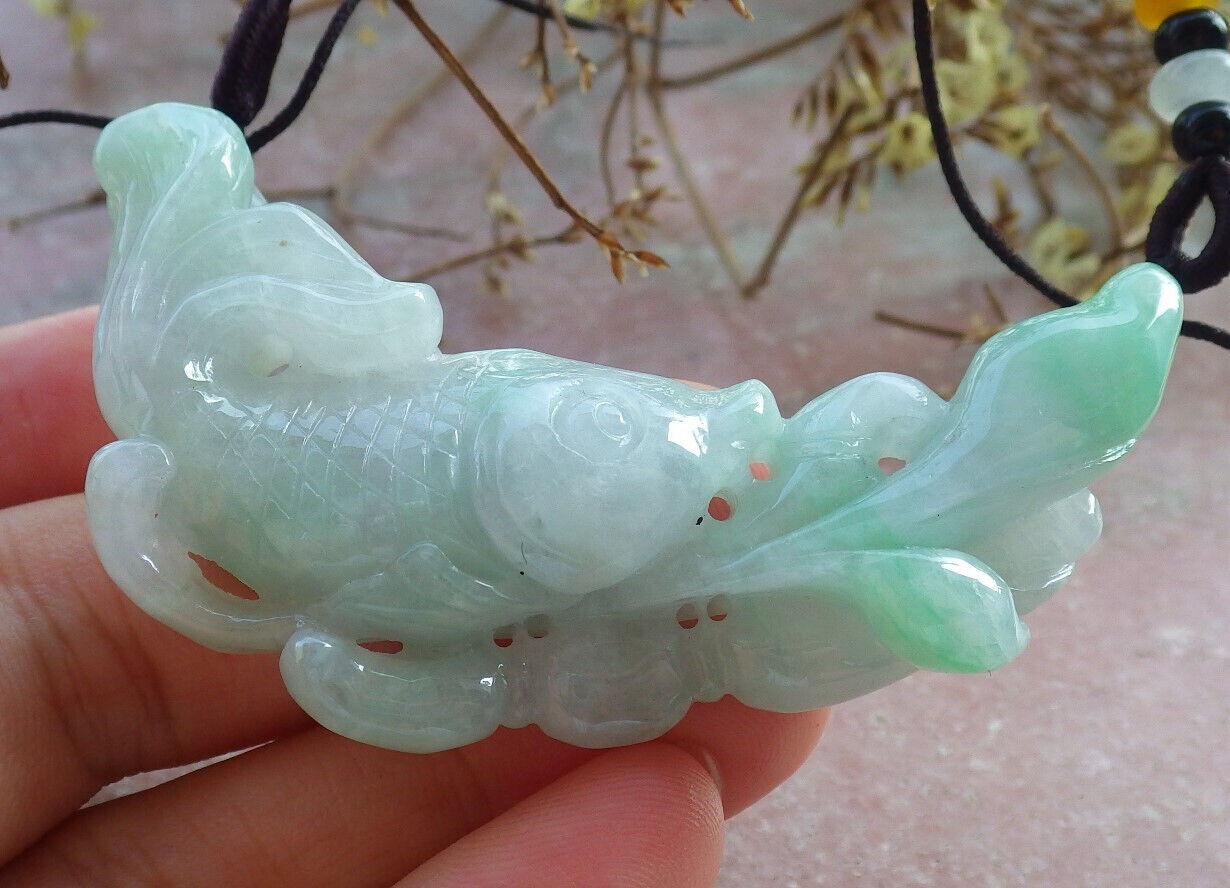 Certified Green Pale Lavender Burma 100% Natural A Jade jadeite Pendant Fish Lotus Necklace 年年有余 633059  TN