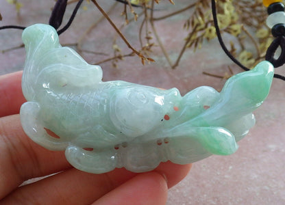 Certified Green Pale Lavender Burma 100% Natural A Jade jadeite Pendant Fish Lotus Necklace 年年有余 633059  TN