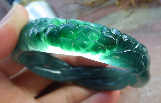 Certified Icy Blue Water Green Burma 100% Natural A JADE Jadeite Flower Knotted Bangle Bracelet 56.5 mm 手镯 632789  TN