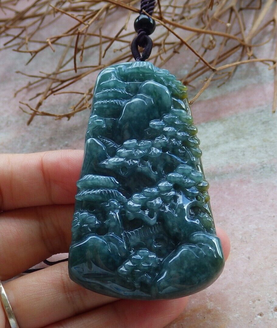 Certified Green Yellow 100% Natural A Jade jadeite Landscape painting Tree Necklace 山水画 529705  TN