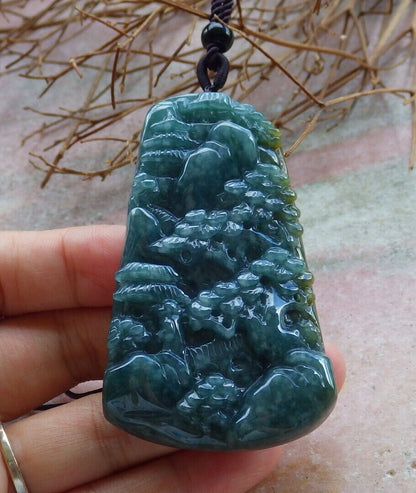 Certified Green Yellow 100% Natural A Jade jadeite Landscape painting Tree Necklace 山水画 529705  TN