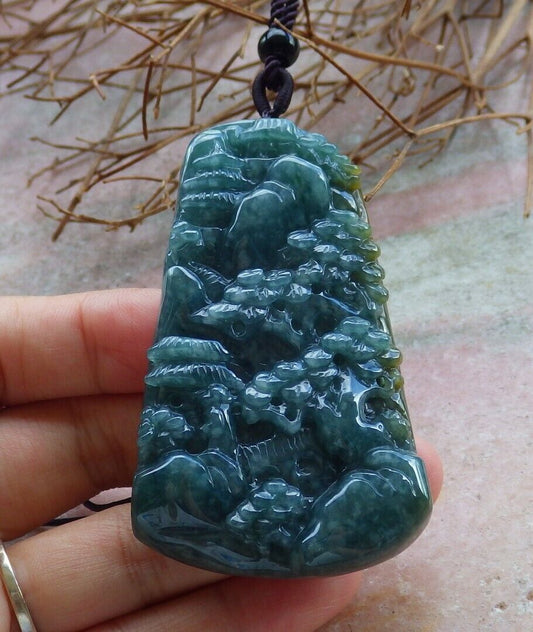 Certified Green Yellow 100% Natural A Jade jadeite Landscape painting Tree Necklace 山水画 529705  TN