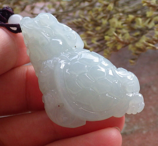 Certified Icy Green Burma 100% Natural A Jade jadeite Pendant Dragon Turtle Necklace 龙龟 574589 TN