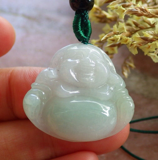 Certified Icy Green 100% Natural A Jade jadeite pendant Happy Buddha God Necklace 开心佛 524346  TN