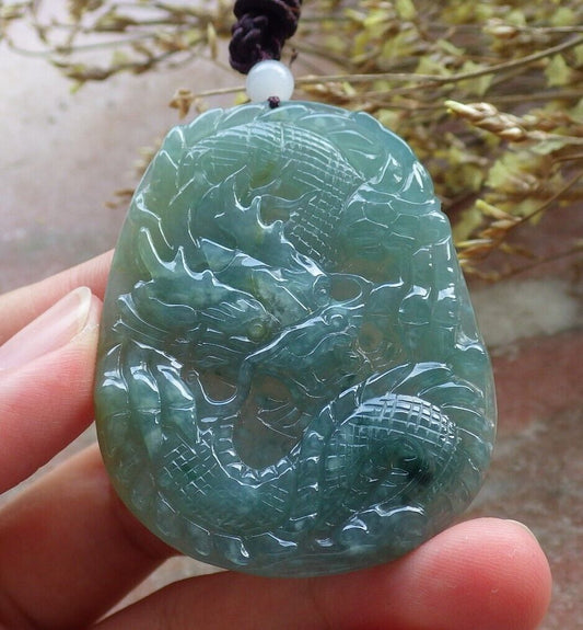 Certified Icy Green Burma 100% Natural A Jade jadeite Pendant Dragon Necklace 生意兴隆 574741 TN