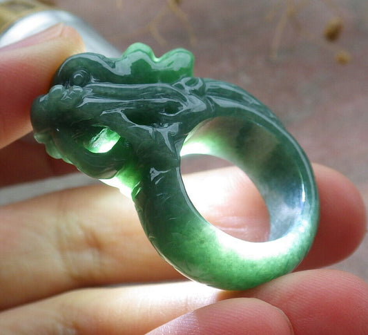 Certified Green Burma 100% Natural A JADE Jadeite Dragon RING USA. 6.5 龙戒指 636824  TN