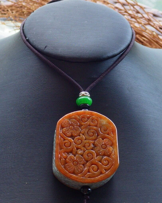 Certified Brown Red Green 100% Natural A Jade jadeite Pendant Flower Ruyi Rectangle Necklace 花平安牌 523664  TN
