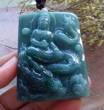 Certified Icy Green Burma 100% Natural A Jade jadeite Pendant Guanyin Kwan Yin Dragon Necklace 观音 574877 TN