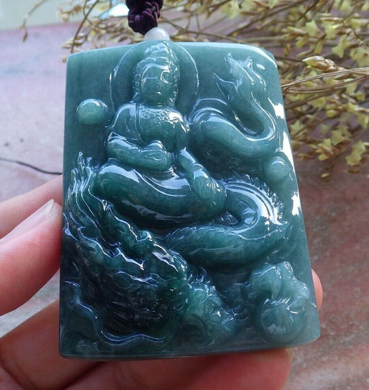 Certified Icy Green Burma 100% Natural A Jade jadeite Pendant Guanyin Kwan Yin Dragon Necklace 观音 574877 TN