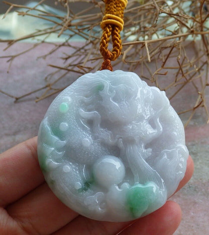 Certified Green 100% Natural A Jade jadeite Pendant Dragon Bead Lotus Flower Ruyi Necklace 生意兴隆 521035  TN
