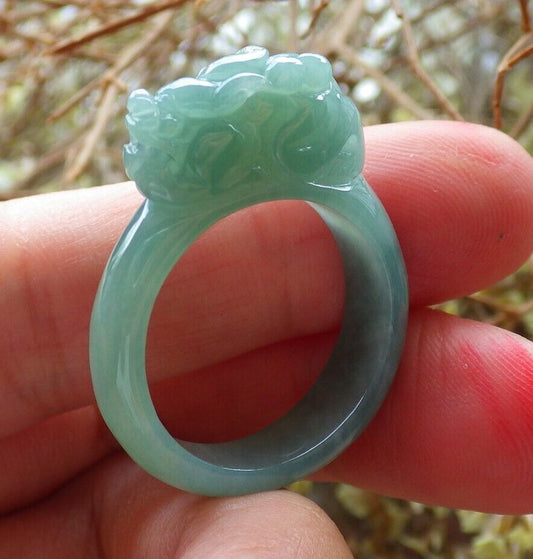 Certified Icy Green 100% Natural A JADE Jadeite Dragon Pi Xiu RING USA. 8.75 戒指 523767  TN