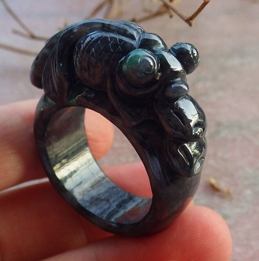Certified Black Green Burma 100% Natural A JADE Jadeite Gold Fish RING USA. 12.5 戒指 634303  TN