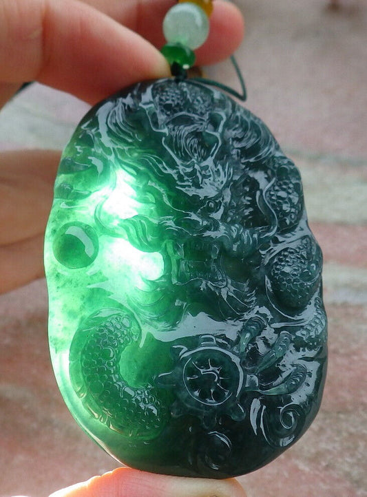 Certified Icy Green Burma 100% Natural A Jade jadeite Pendant Dragon Bead Necklace 生意兴隆 636299  TN