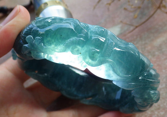 Certified Icy Blue Water Green Burma 100% Natural A JADE Jadeite Dragon Bangle Bracelet 60 mm 手镯 635086  AS