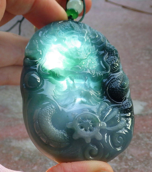 Certified Icy Green Pale Lavender Burma 100% Natural A Jade jadeite Pendant Dragon Bead Necklace 生意兴隆 634245  TN