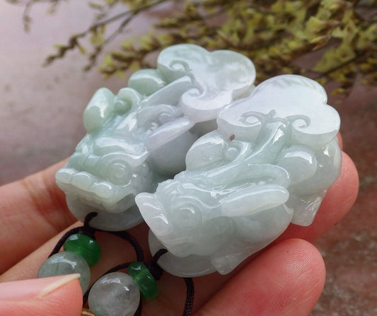 Pair Certified Green Pale Lavender Burma 100% Natural A Jade jadeite Pendant Dragon Pi Xiu Money Coin Ruyi Necklace 风水貔貅 573992 TN