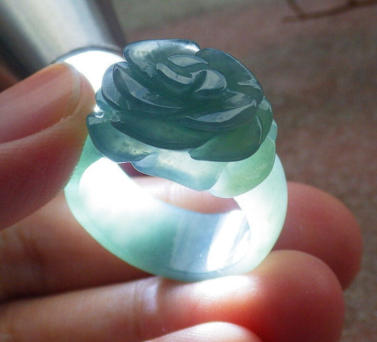Certified Icy Green Burma 100% Natural A JADE Jadeite Rose Flower RING USA. 8.5 花戒指 634025  TN