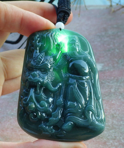 Certified Yellow Green Burma 100% Natural A Jade jadeite pendant Guan Gong God Dragon Sword Necklace 关公 635607  TN