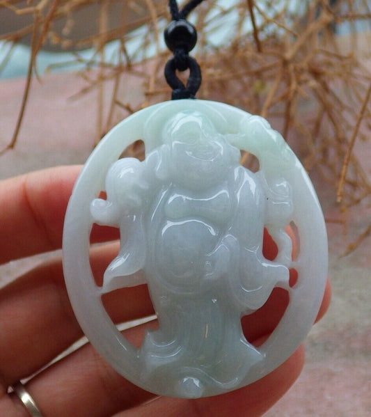 Certified Green 100% Natural A Jade jadeite pendant Happy Buddha God Ruyi Necklace 开心佛 520545  TN
