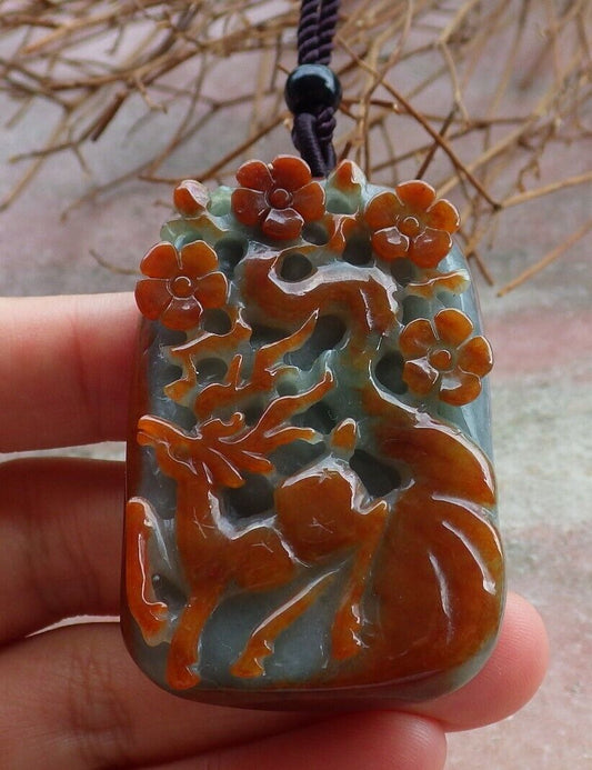 Certified Red Green 100% Natural A Jade jadeite Pendant Deer Flower Necklace 梅花鹿 529530  TN