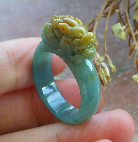 Certified Yellow Green 100% Natural A JADE Jadeite Dragon Pi Xiu RING USA. 9 戒指 529757  TN