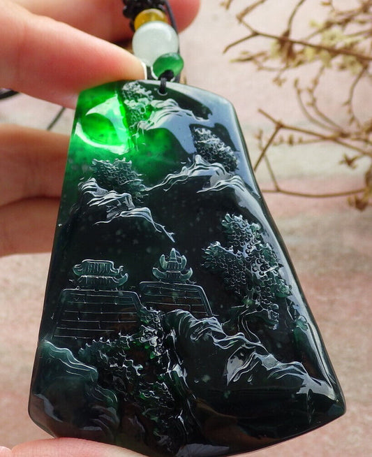 Certified Icy Blue Water Burma 100% Natural A Jade jadeite Pendant Landscape painting Tree Necklace 山水画 633943  TN