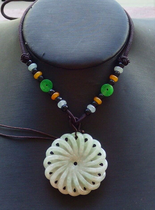 Certified Green 100% Natural A Jade jadeite pendant Knotted Flower Circle Necklace 花开富贵 524091  TN