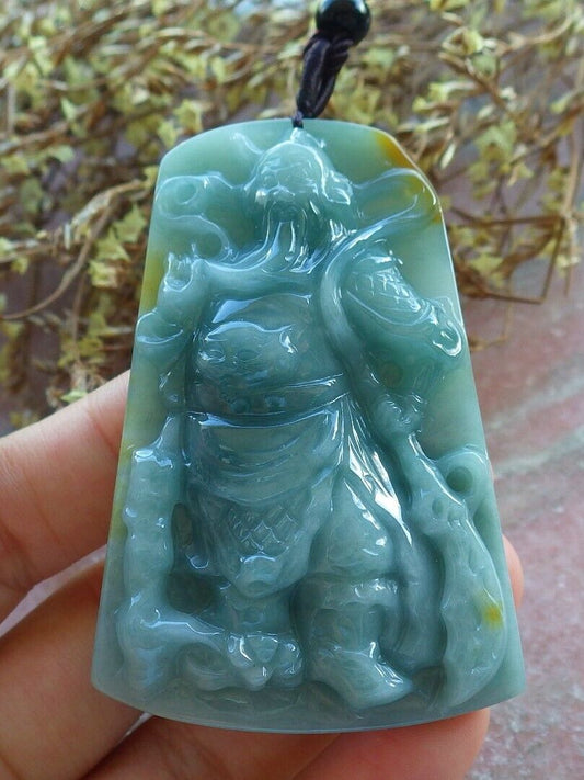 Certified Green Yellow 100% Natural A Jade jadeite pendant Guan Gong God Sword Necklace 关公 529823  TN